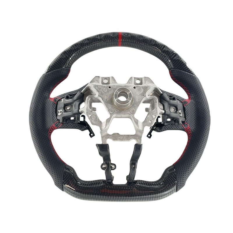 Load image into Gallery viewer, FOR 18-24 INFINITI Q50 Q60 CARBON FIBER FLAT BOTTOM STEERING WHEEL BLACK LEATHER
